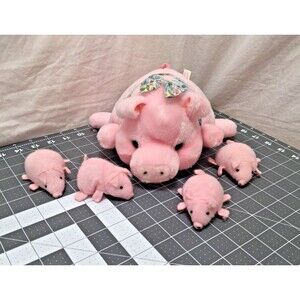 Vintage Pink Pig Mommy 4 Babies Zipper Belly Stuffed Plush Toy Farm